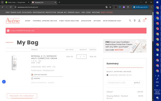 Avene checkout page showing Avene discount code box | Screenshot taken by SimplyCodes community member on Sep 13, 2025