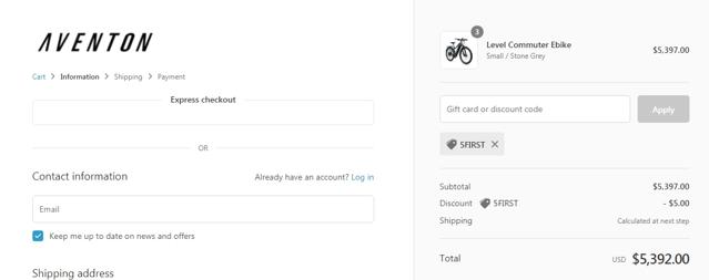 Aventon Bikes checkout page showing Aventon Bikes discount code box | Screenshot taken by SimplyCodes community member on Sep 11, 2021