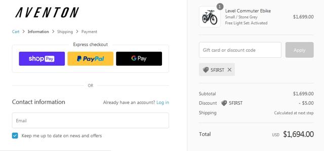 Aventon Bikes checkout page showing Aventon Bikes discount code box | Screenshot taken by SimplyCodes community member on Jul 13, 2021
