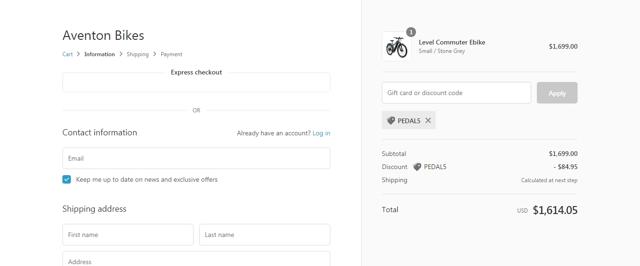 Aventon Bikes checkout page showing Aventon Bikes discount code box | Screenshot taken by SimplyCodes community member on May 3, 2021