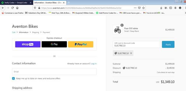 Aventon Bikes checkout page showing Aventon Bikes discount code box | Screenshot taken by SimplyCodes community member on May 4, 2021
