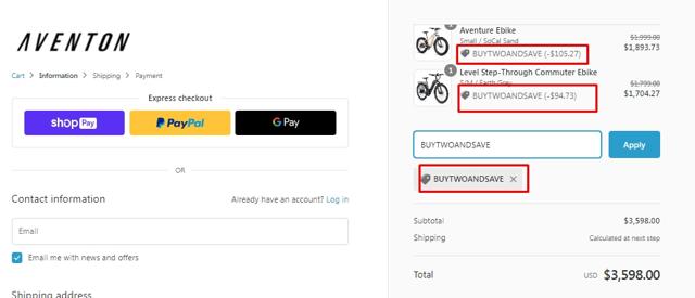 Aventon Bikes checkout page showing Aventon Bikes discount code box | Screenshot taken by SimplyCodes community member on Oct 14, 2021