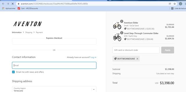 Aventon Bikes checkout page showing Aventon Bikes discount code box | Screenshot taken by SimplyCodes community member on Dec 12, 2021