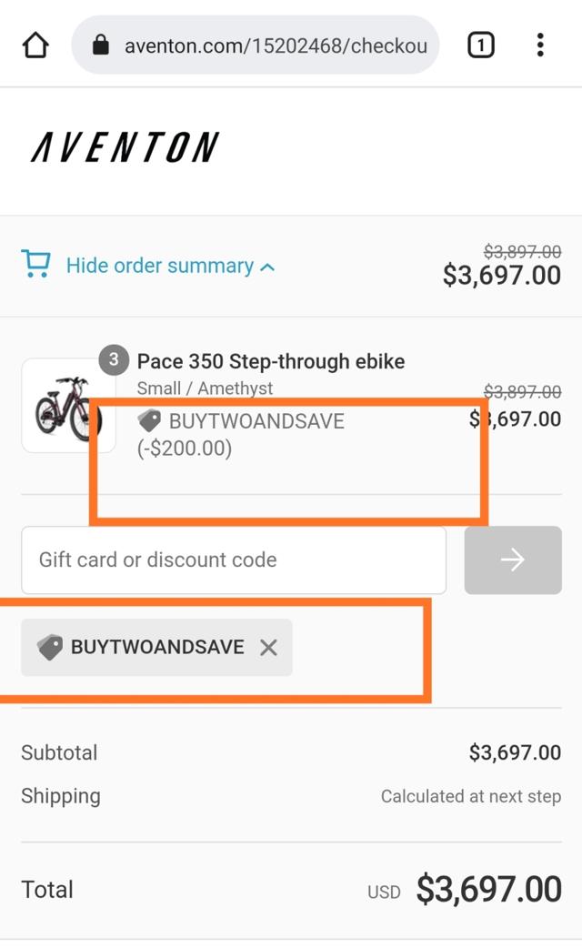 Aventon Bikes checkout page showing Aventon Bikes discount code box | Screenshot taken by SimplyCodes community member on Oct 5, 2021