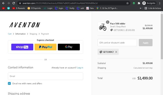 Aventon Bikes checkout page showing Aventon Bikes discount code box | Screenshot taken by SimplyCodes community member on Nov 22, 2021