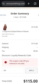 Aventura Clothing coupon verification screenshot