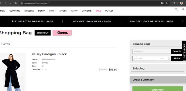 Avenue checkout page showing Avenue coupon code box | Screenshot taken by SimplyCodes community member on May 10, 2024