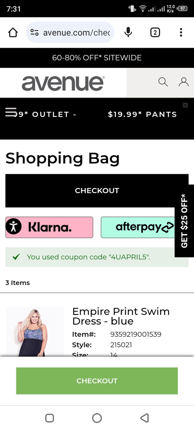Avenue checkout page showing Avenue coupon code box | Screenshot taken by SimplyCodes community member on Jun 15, 2024