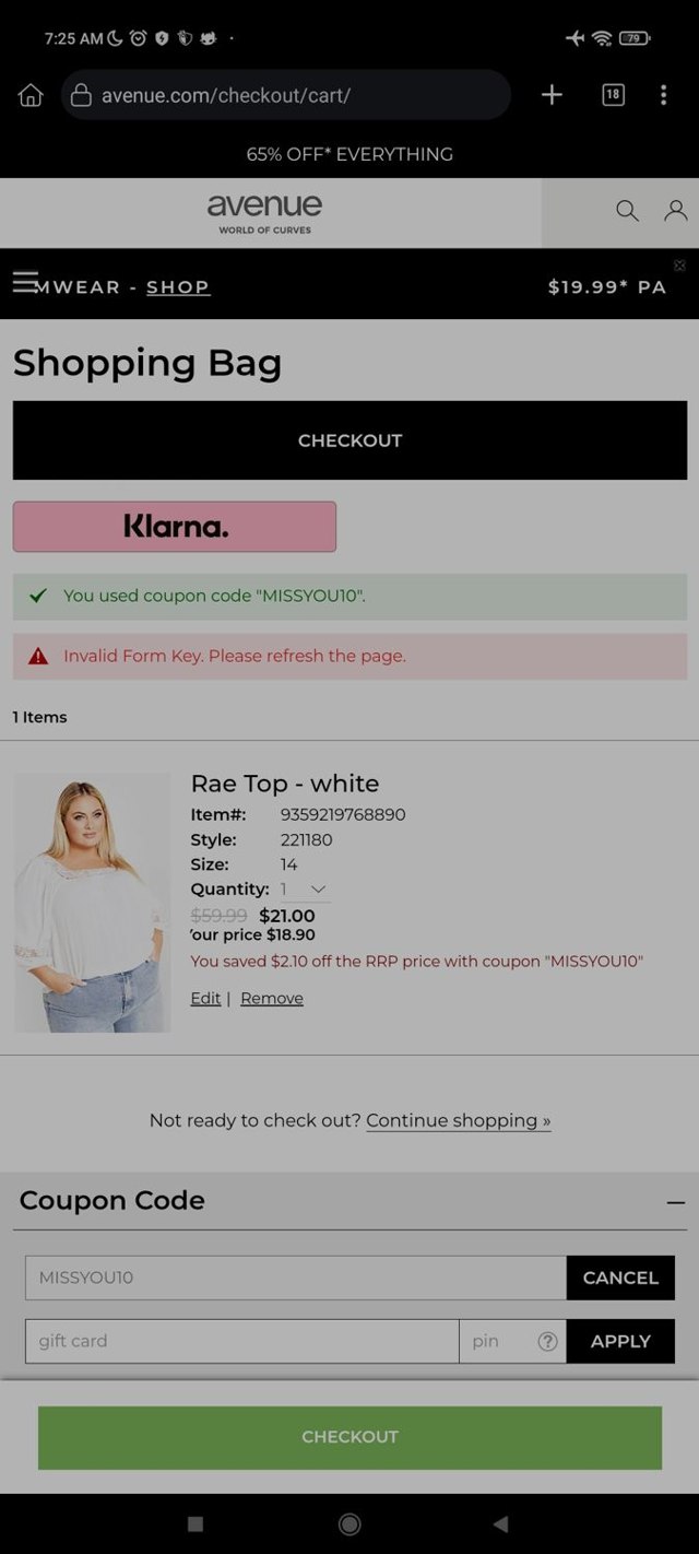 Avenue checkout page showing Avenue coupon code box | Screenshot taken by SimplyCodes community member on May 18, 2024