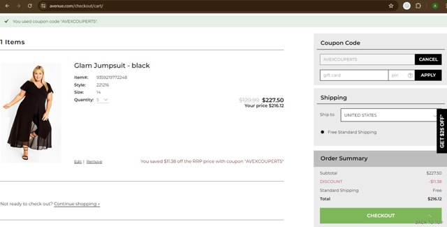 Avenue checkout page showing Avenue coupon code box | Screenshot taken by SimplyCodes community member on May 17, 2024
