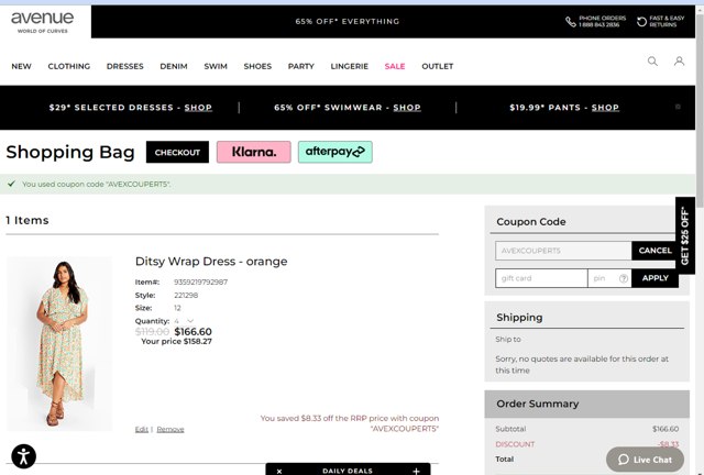 Avenue checkout page showing Avenue coupon code box | Screenshot taken by SimplyCodes community member on May 17, 2024