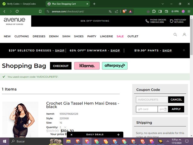 Avenue checkout page showing Avenue coupon code box | Screenshot taken by SimplyCodes community member on May 17, 2024