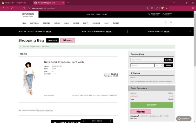 Avenue checkout page showing Avenue coupon code box | Screenshot taken by SimplyCodes community member on May 21, 2024
