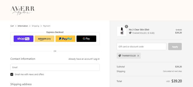 Averr Aglow checkout page showing Averr Aglow coupon code box | Screenshot taken by SimplyCodes community member on Dec 20, 2022