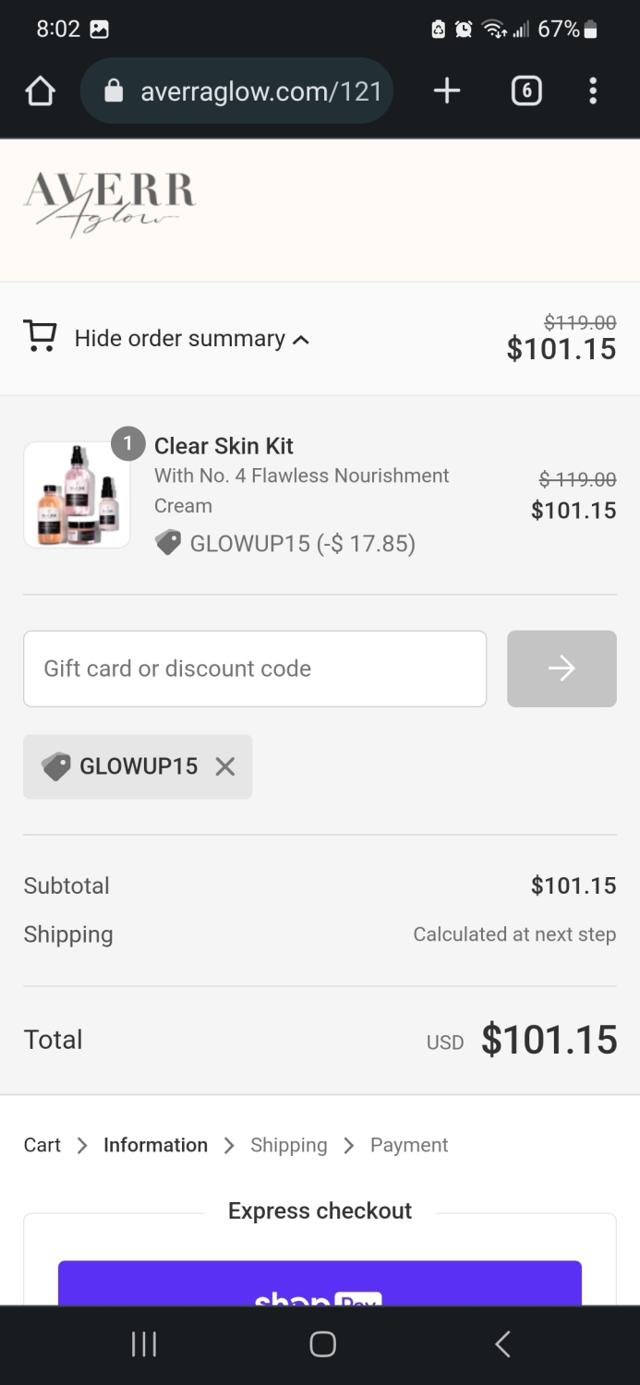 Averr Aglow checkout page showing Averr Aglow coupon code box | Screenshot taken by SimplyCodes community member on Jan 8, 2023