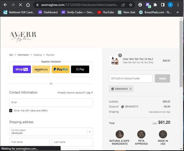 Averr Aglow checkout page showing Averr Aglow coupon code box | Screenshot taken by SimplyCodes community member on May 14, 2023