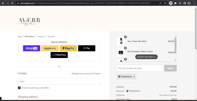 Averr Aglow checkout page showing Averr Aglow coupon code box | Screenshot taken by SimplyCodes community member on Jul 11, 2023