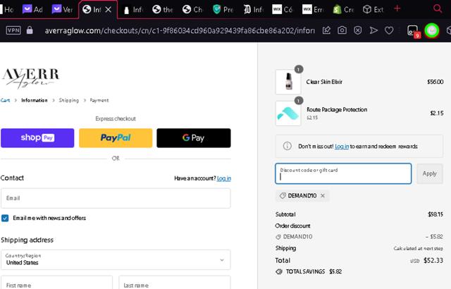 Averr Aglow checkout page showing Averr Aglow coupon code box | Screenshot taken by SimplyCodes community member on Jan 31, 2024
