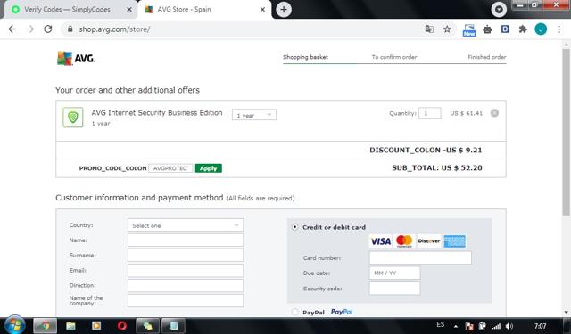 AVG Antivirus checkout page showing AVG Antivirus discount code box | Screenshot taken by SimplyCodes community member on Apr 17, 2021