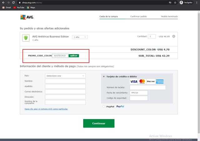 AVG Antivirus checkout page showing AVG Antivirus discount code box | Screenshot taken by SimplyCodes community member on Apr 6, 2021