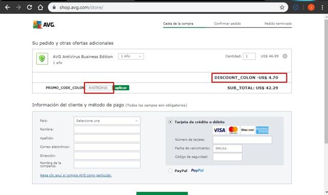 AVG Antivirus checkout page showing AVG Antivirus discount code box | Screenshot taken by SimplyCodes community member on May 11, 2021