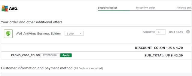 AVG Antivirus checkout page showing AVG Antivirus discount code box | Screenshot taken by SimplyCodes community member on Jul 24, 2021