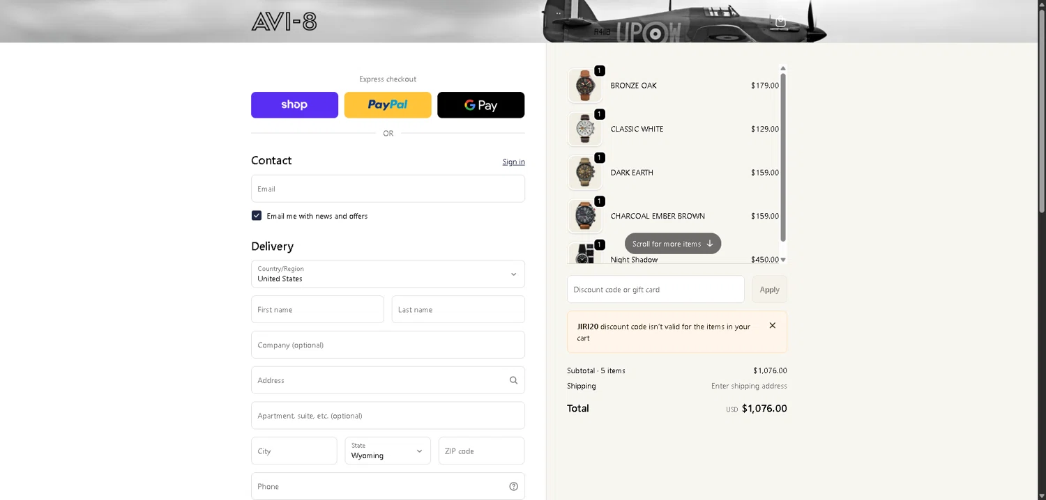 AVI-8 promo code screenshot showing code JIRI20 applied at AVI-8 checkout page. Uploaded by SimplyCodes community member ExtraordinaryMaven3628 on Dec 29, 2025