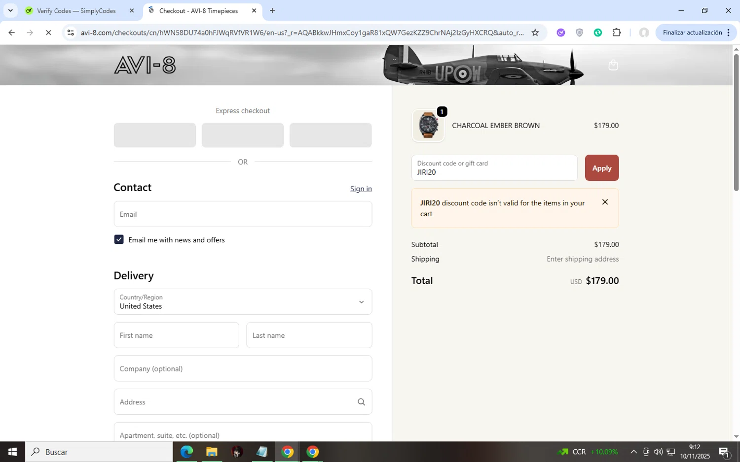 AVI-8 promo code screenshot showing code JIRI20 applied at AVI-8 checkout page. Uploaded by SimplyCodes community member dtavoplomeria on Nov 10, 2025
