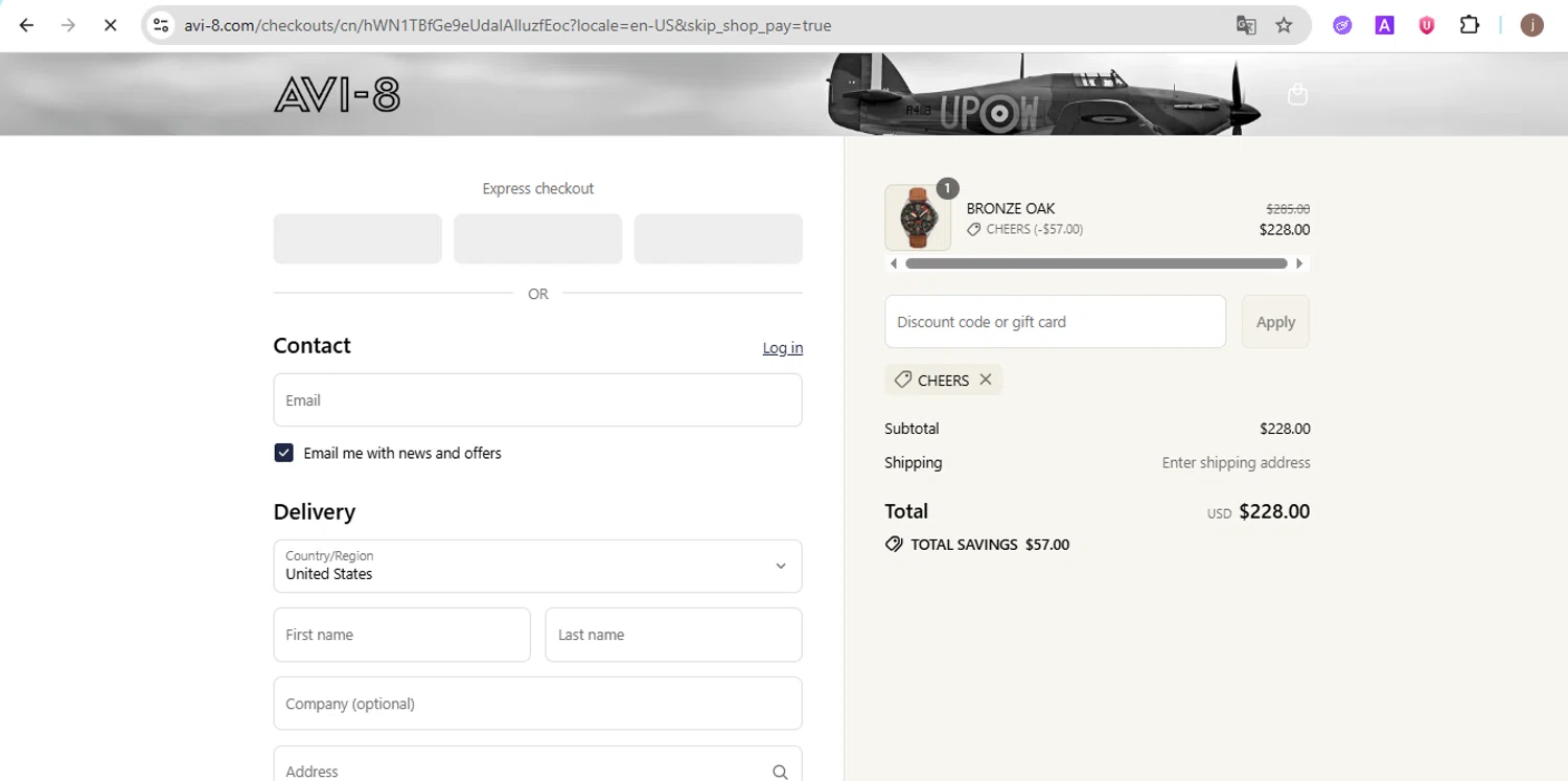 AVI-8 promo code screenshot showing code CHEERS applied at AVI-8 checkout page. Uploaded by SimplyCodes community member Jose29 on Aug 6, 2025