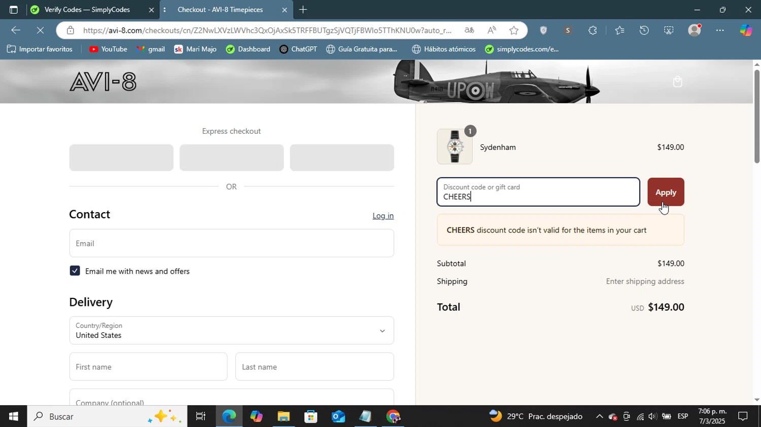 AVI-8 promo code screenshot showing code CHEERS applied at AVI-8 checkout page. Uploaded by SimplyCodes community member ShieldGenius127 on Mar 7, 2025