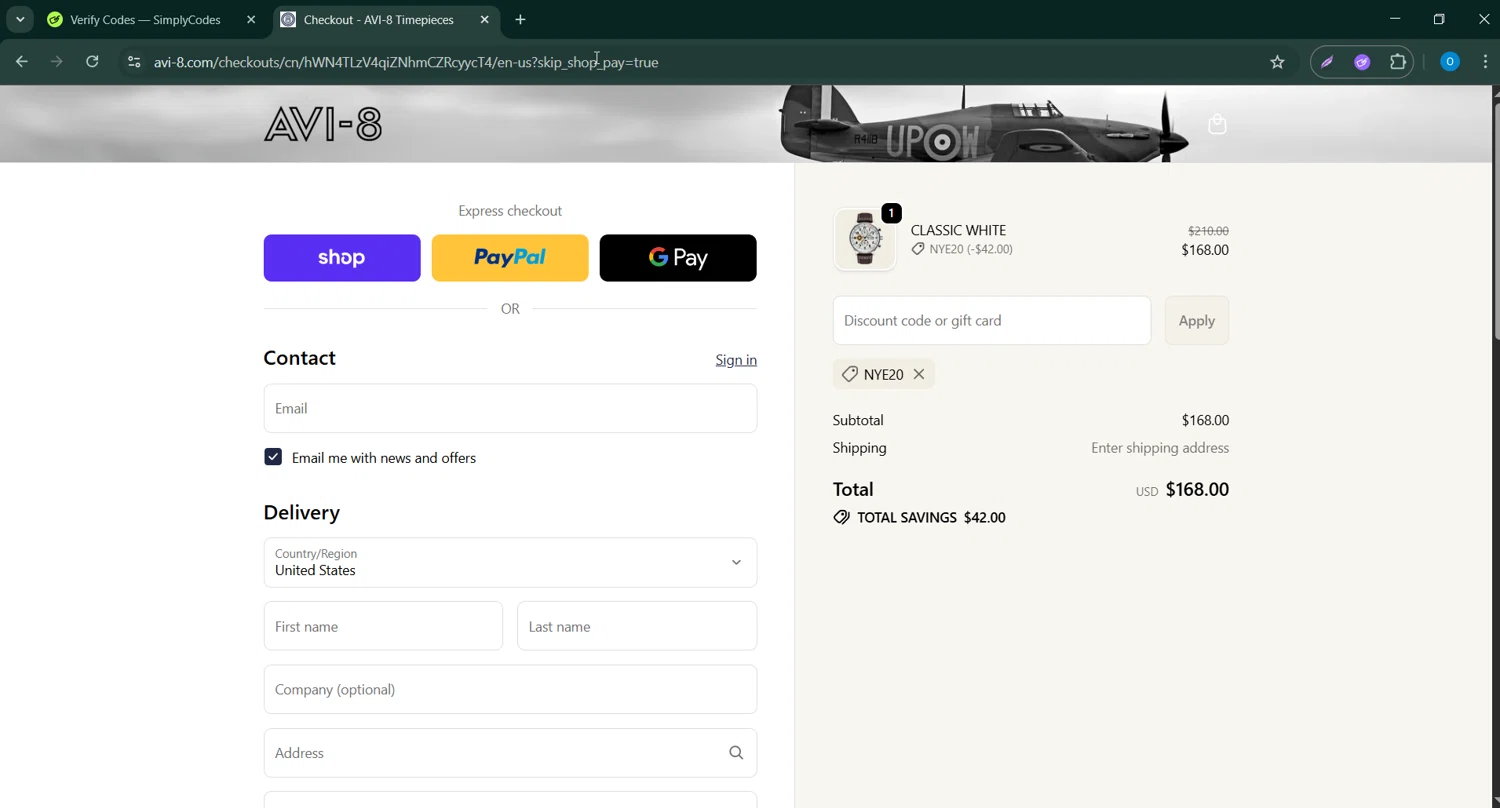 AVI-8 promo code screenshot showing code NYE20 applied at AVI-8 checkout page. Uploaded by SimplyCodes community member CodeScholar4340 on Oct 24, 2025