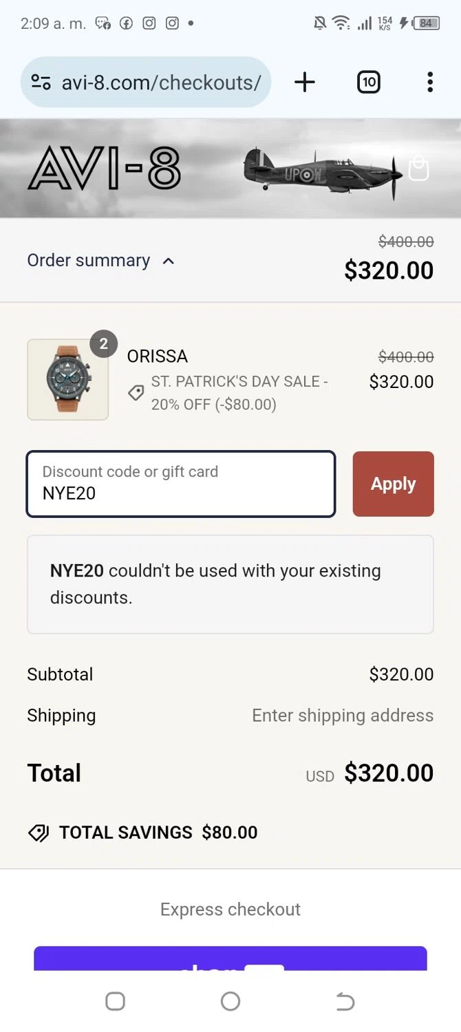 AVI-8 promo code screenshot showing code NYE20 applied at AVI-8 checkout page. Uploaded by SimplyCodes community member yeresojperez on Feb 26, 2025