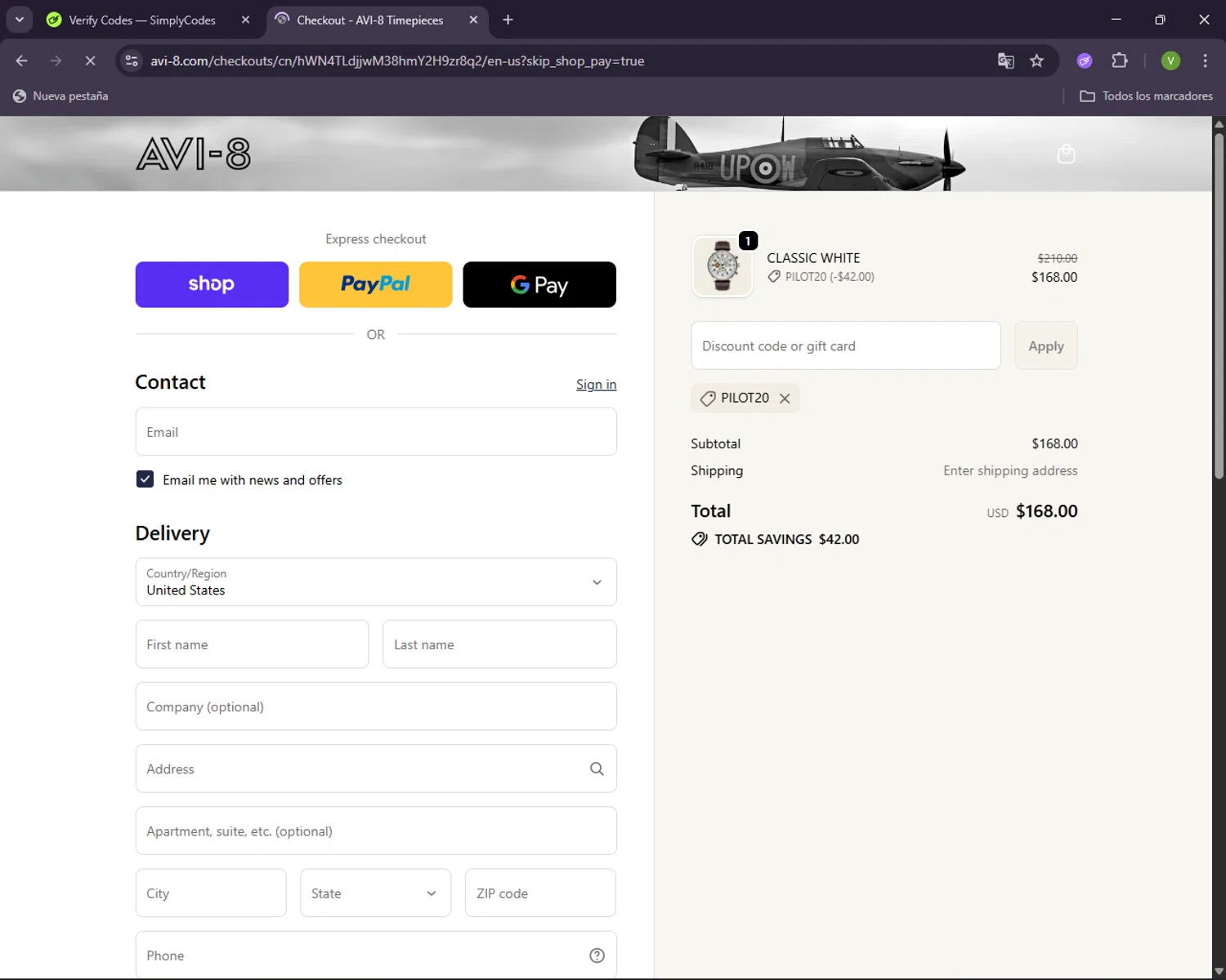 AVI-8 promo code screenshot showing code PILOT20 applied at AVI-8 checkout page. Uploaded by SimplyCodes community member CleverNavigator1236 on Oct 24, 2025
