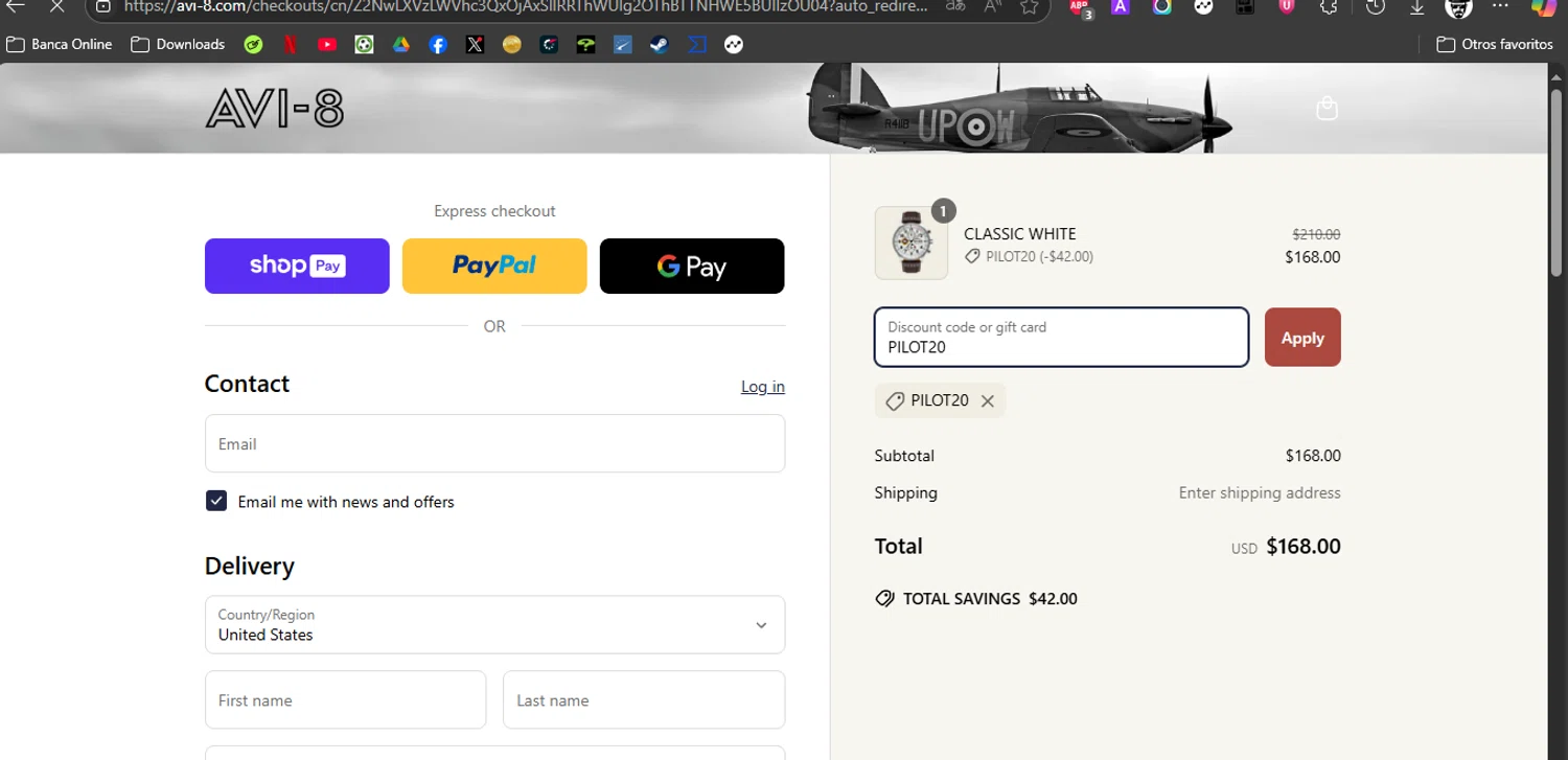 AVI-8 promo code screenshot showing code PILOT20 applied at AVI-8 checkout page. Uploaded by SimplyCodes community member ROCKSORD on Jun 27, 2025