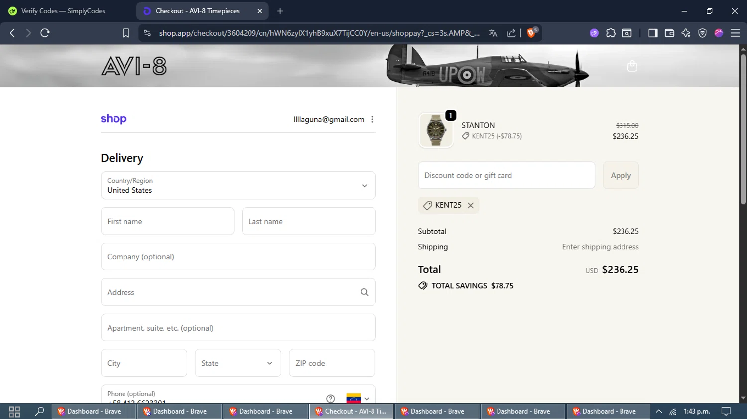AVI-8 checkout page showing AVI-8 promo code box | Screenshot taken by SimplyCodes community member on Dec 29, 2025