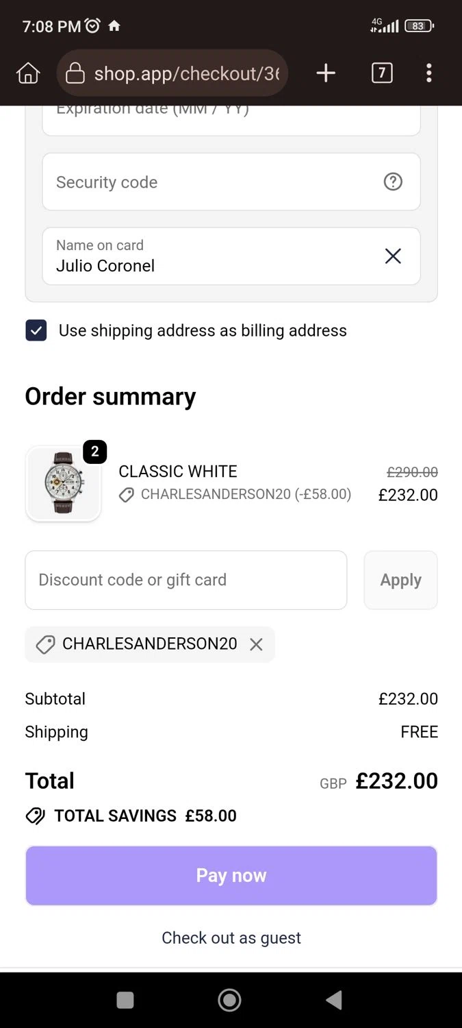 AVI-8 promo code screenshot showing code CHARLESANDERSON20 applied at AVI-8 checkout page. Uploaded by SimplyCodes community member CrownLion2750 on Nov 15, 2025