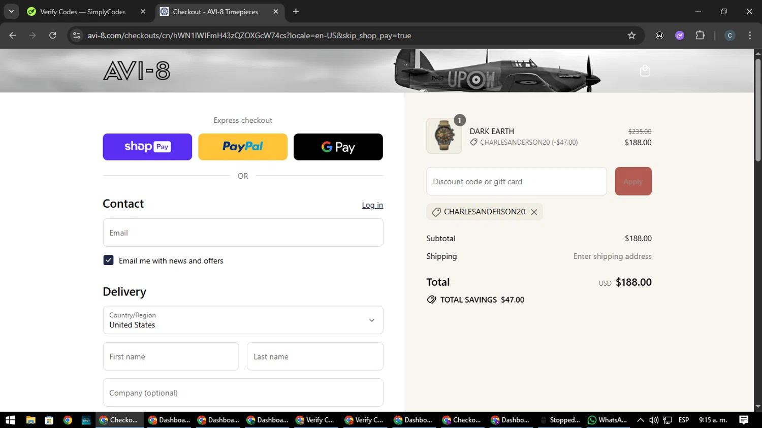 AVI-8 promo code screenshot showing code CHARLESANDERSON20 applied at AVI-8 checkout page. Uploaded by SimplyCodes community member Nata_Montana on Aug 1, 2025