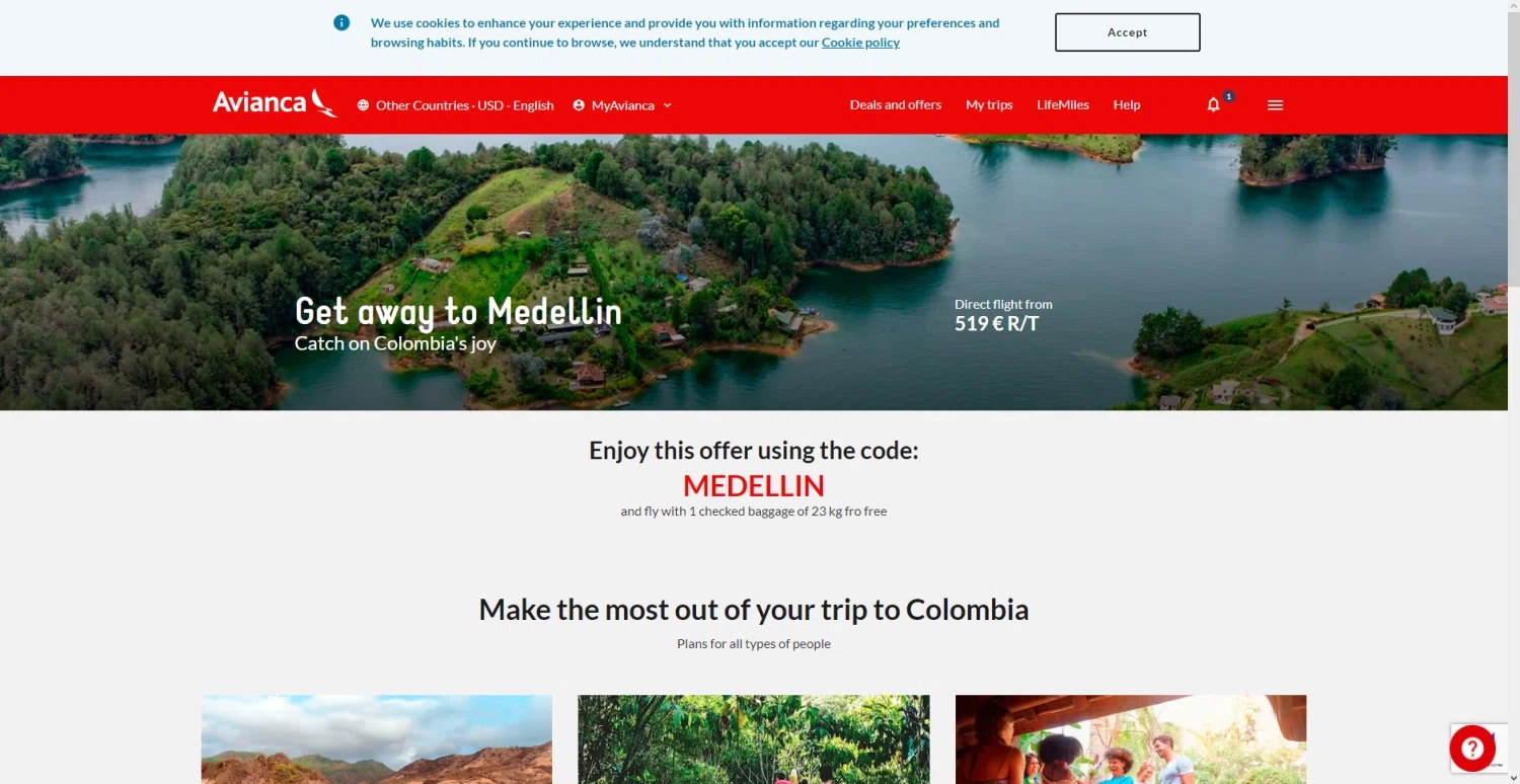Avianca checkout page showing Avianca promo code box | Screenshot taken by SimplyCodes community member on Apr 12, 2023