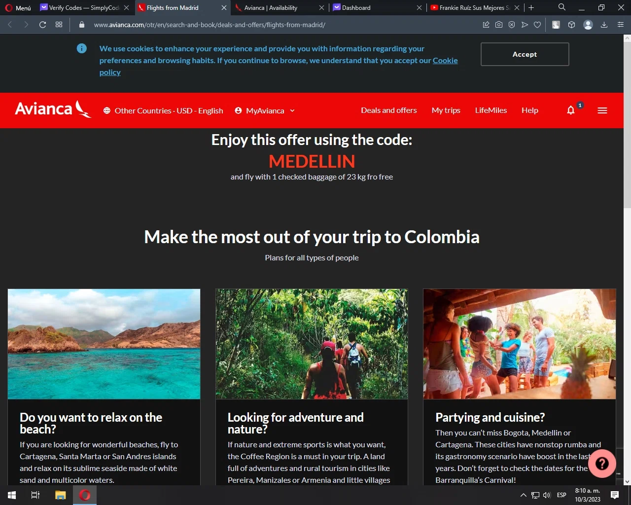 Avianca checkout page showing Avianca promo code box | Screenshot taken by SimplyCodes community member on Mar 10, 2023