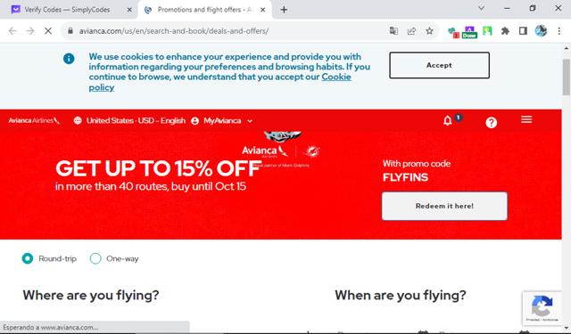 Avianca checkout page showing Avianca promo code box | Screenshot taken by SimplyCodes community member on Oct 17, 2023