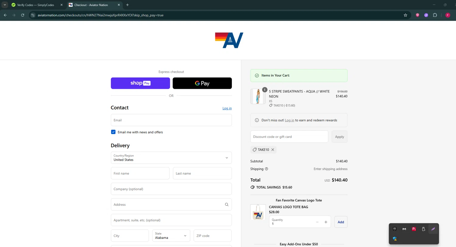 Aviator Nation discount code screenshot showing code TAKE10 applied at Aviator Nation checkout page. Uploaded by SimplyCodes community member ExtraordinaryVirtuoso281 on Aug 23, 2025