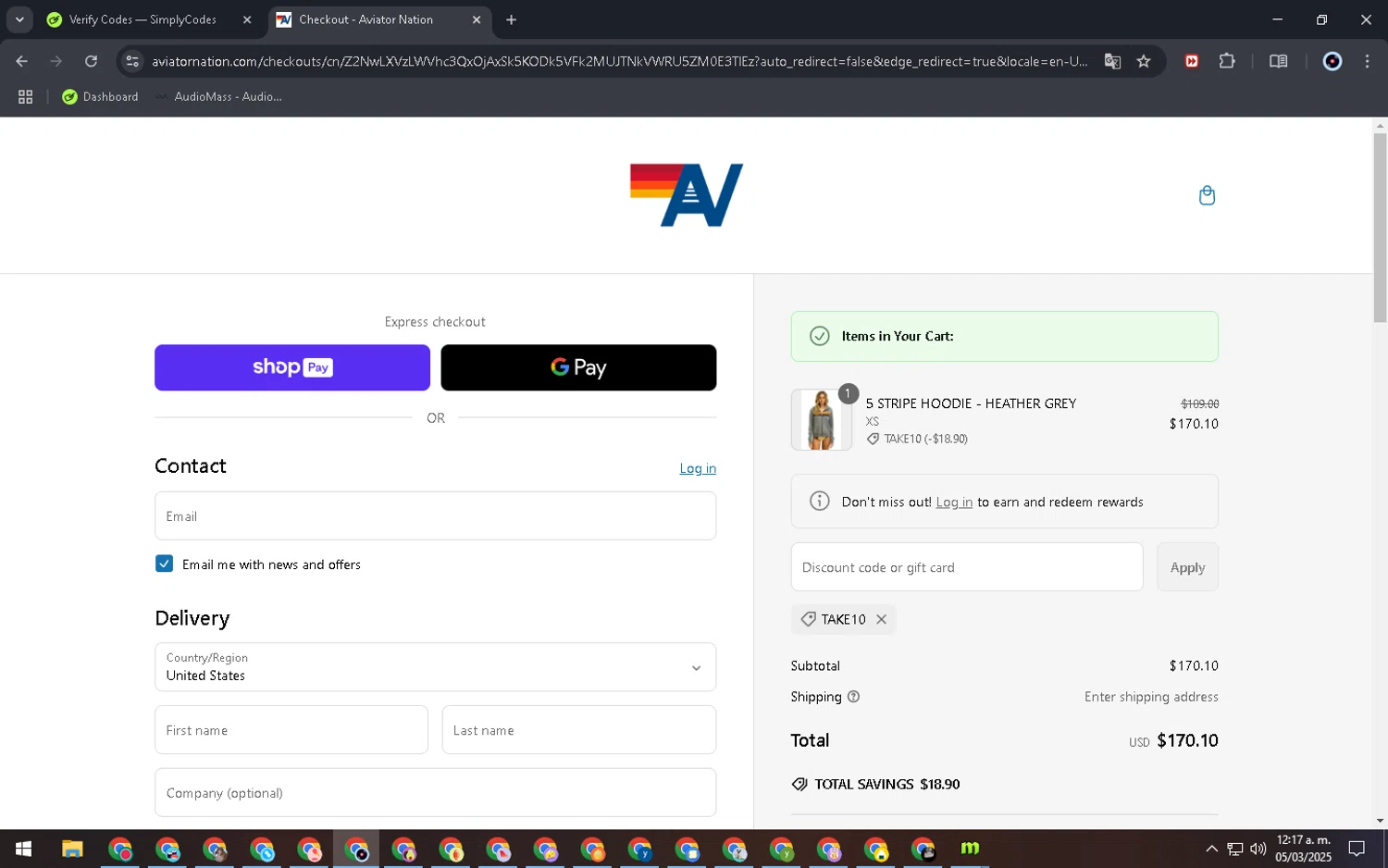 Aviator Nation discount code screenshot showing code TAKE10 applied at Aviator Nation checkout page. Uploaded by SimplyCodes community member EpicDefender8387 on Mar 5, 2025