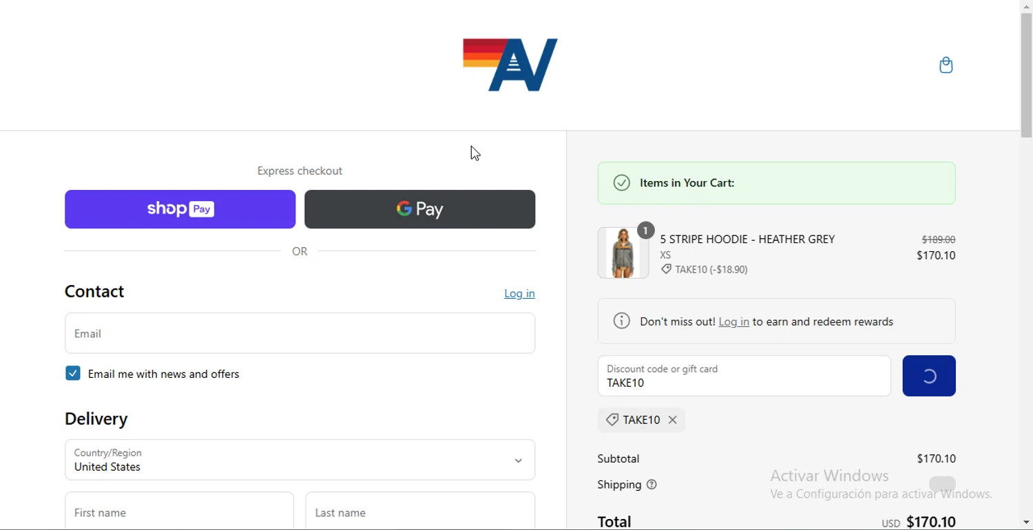 Aviator Nation discount code screenshot showing code TAKE10 applied at Aviator Nation checkout page. Uploaded by SimplyCodes community member holaquetal on Mar 5, 2025