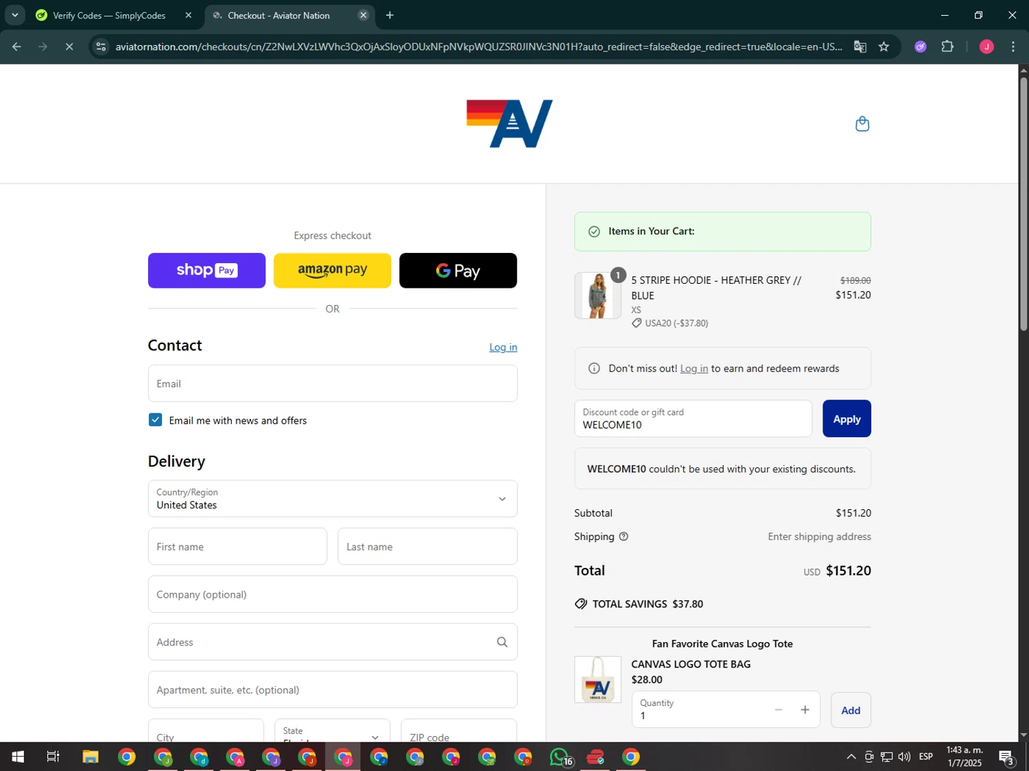 Aviator Nation discount code screenshot showing code WELCOME10 applied at Aviator Nation checkout page. Uploaded by SimplyCodes community member CleverShopper2101 on Jul 1, 2025