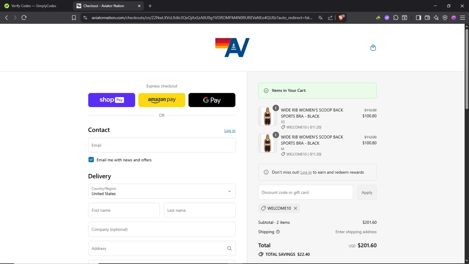 Aviator Nation discount code screenshot showing code WELCOME10 applied at Aviator Nation checkout page. Uploaded by SimplyCodes community member Morrachida04 on Jul 14, 2025