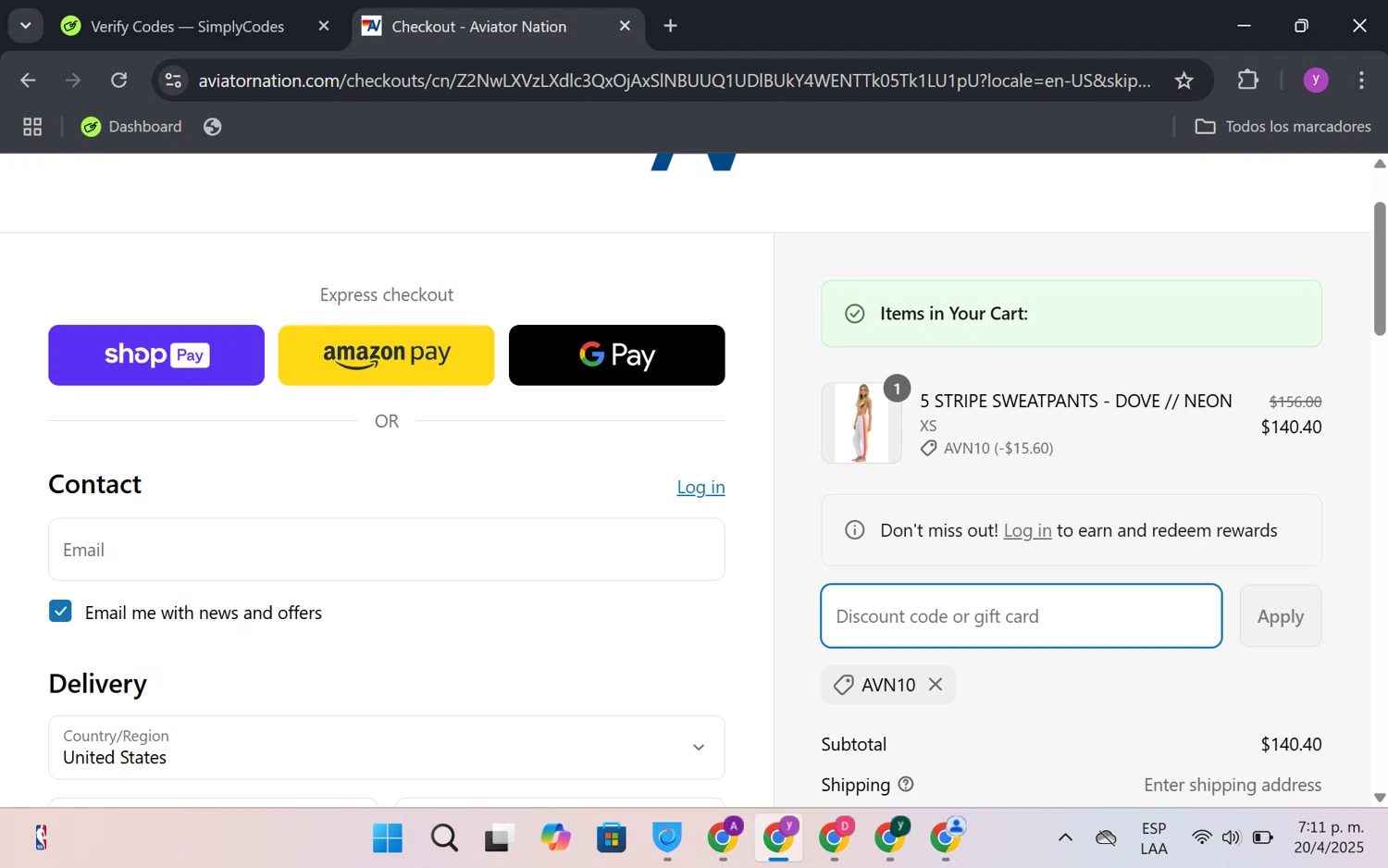 Aviator Nation discount code screenshot showing code AVN10 applied at Aviator Nation checkout page. Uploaded by SimplyCodes community member FrugalKnight6753 on Apr 20, 2025