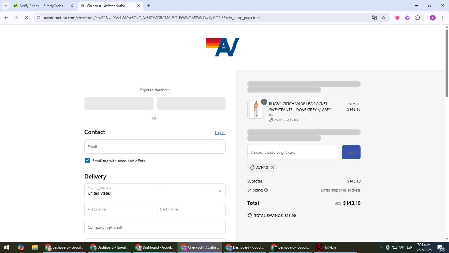 Aviator Nation discount code screenshot showing code AVN10 applied at Aviator Nation checkout page. Uploaded by SimplyCodes community member Son_Goku on Jun 26, 2025
