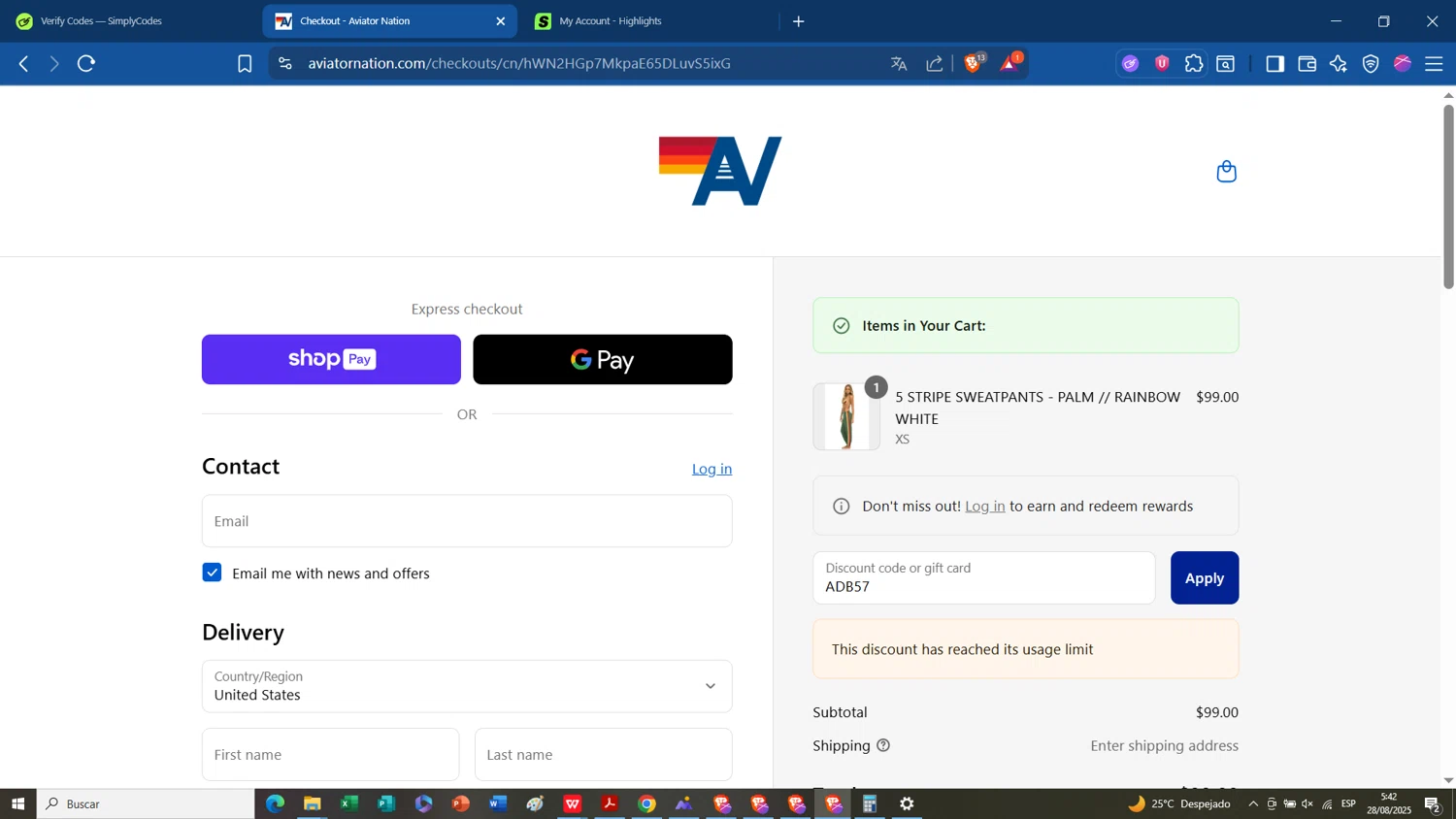Aviator Nation discount code screenshot showing code ADB57 applied at Aviator Nation checkout page. Uploaded by SimplyCodes community member RoyalFinder1133 on Aug 28, 2025