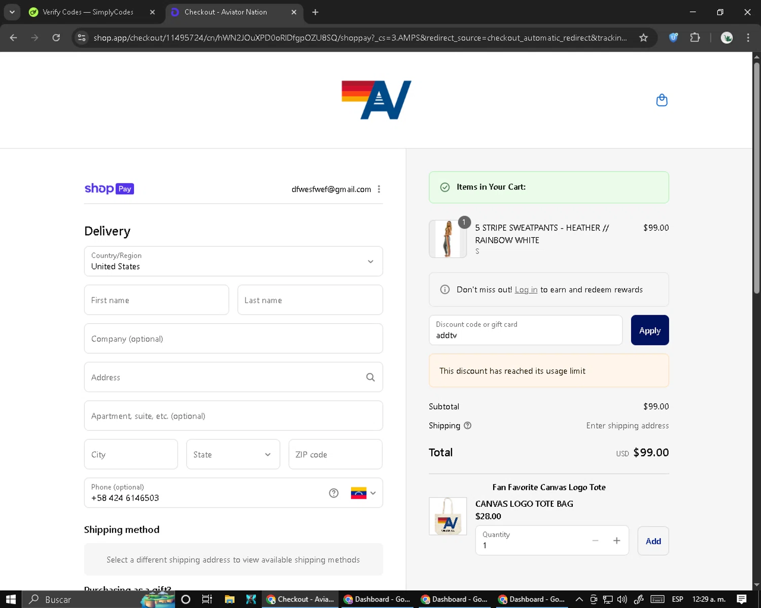 Aviator Nation discount code screenshot showing code addtv applied at Aviator Nation checkout page. Uploaded by SimplyCodes community member RebateCaptain6440 on Aug 28, 2025