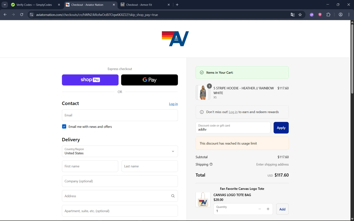 Aviator Nation discount code screenshot showing code addtv applied at Aviator Nation checkout page. Uploaded by SimplyCodes community member juan1702 on Aug 28, 2025